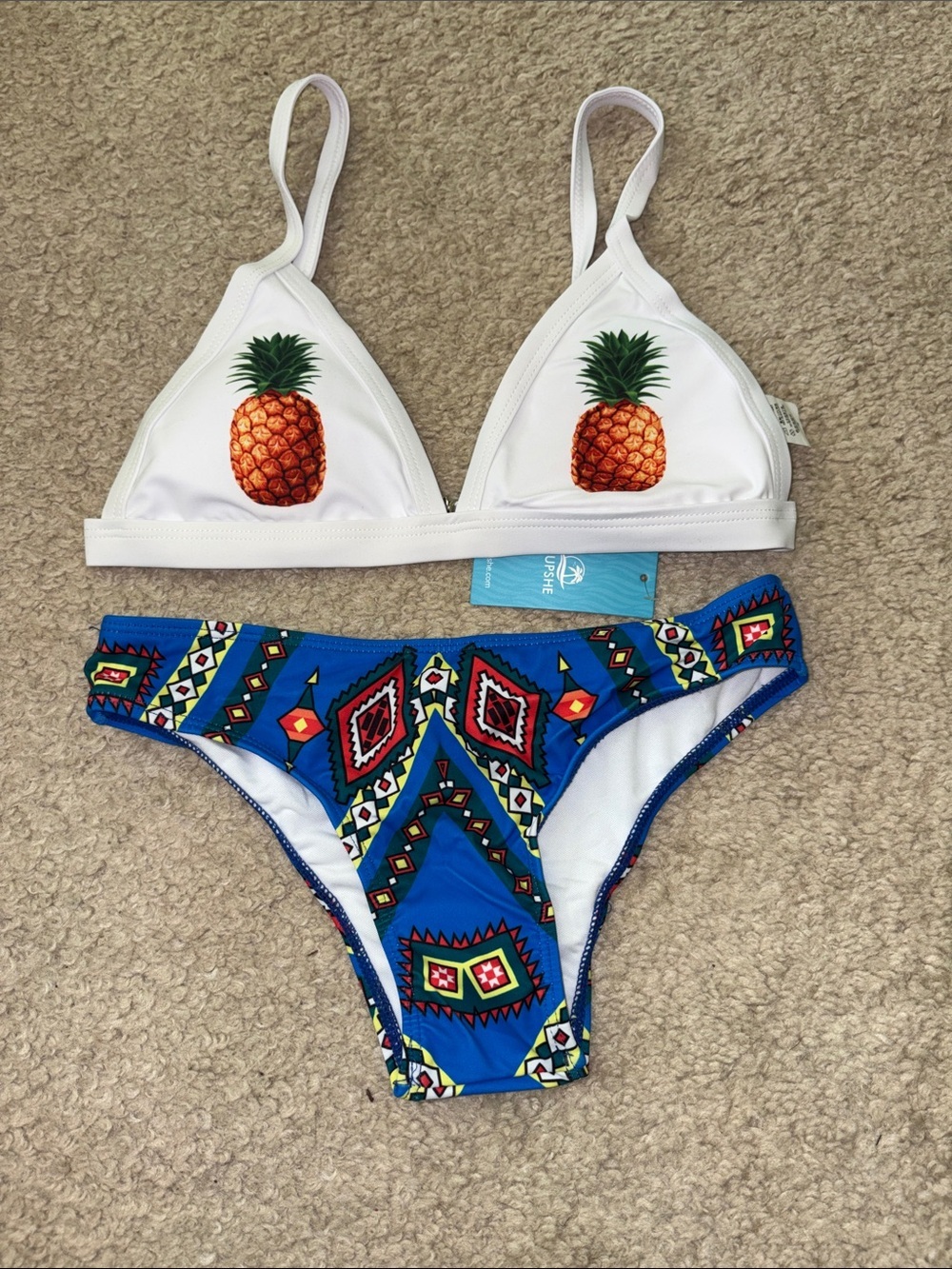 Cupshe Pineapple White Triangle Bikini Top & Blue Tribal Print Bottom
